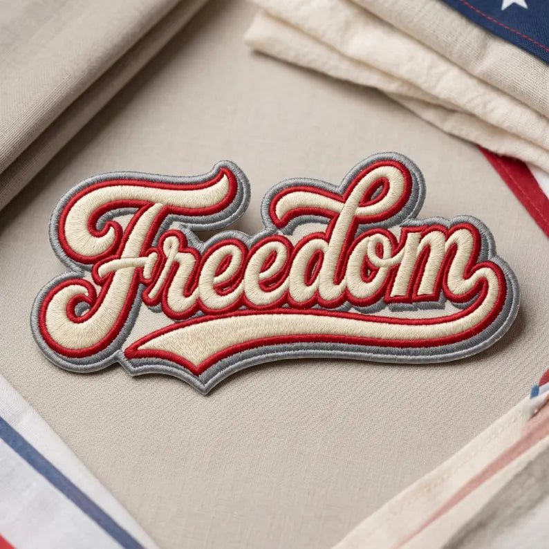 Freedom Retro Script Patriotic Iron On Embroidered Patch — Iron-on patch