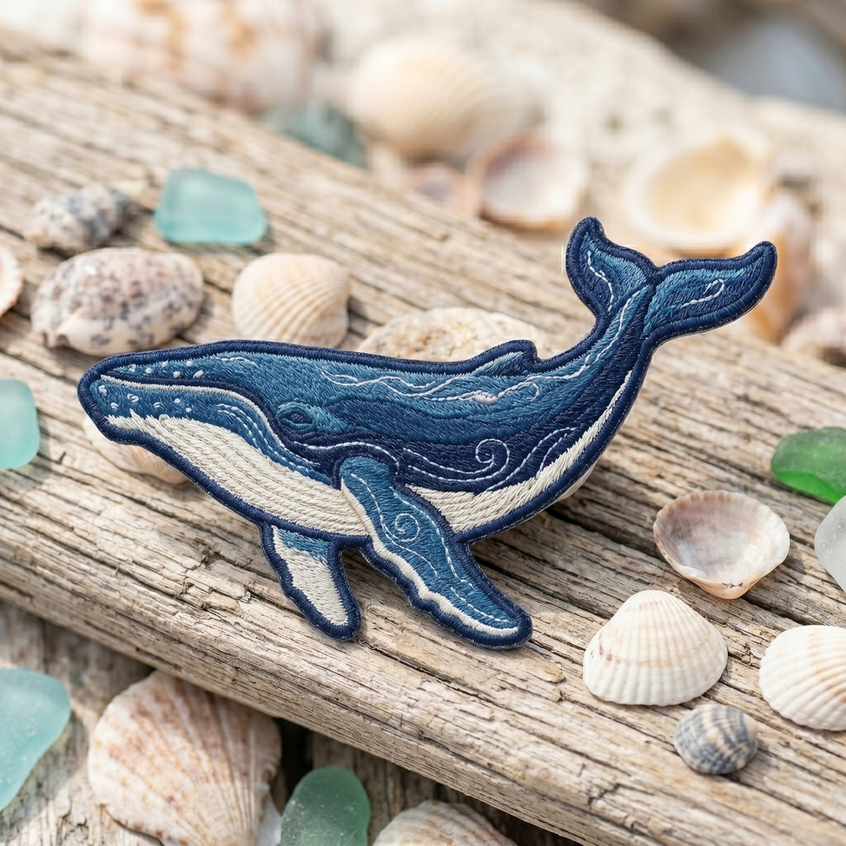 Humpback Whale Ocean Nautical Swirl Detail Iron On Embroidered Patch — Iron-on patch