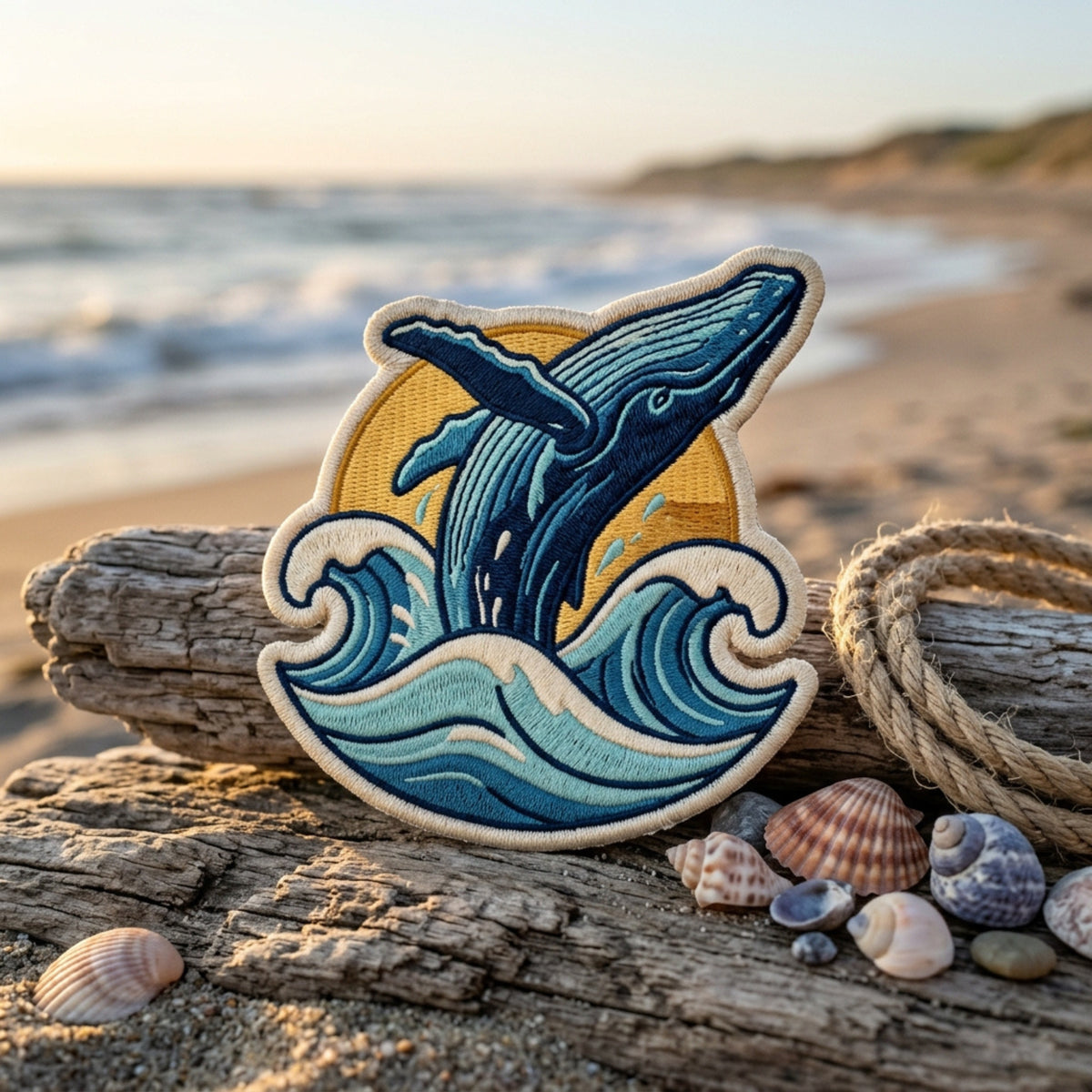 Humpback Whale Breaching Ocean Waves Sunset Iron On Embroidered Patch — Iron-on patch
