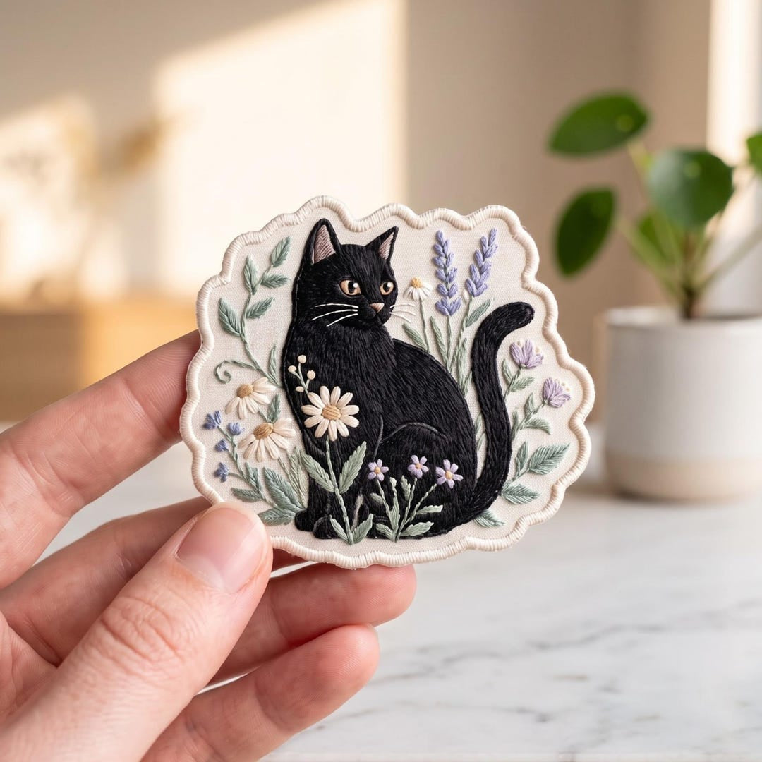 Black Cat Floral Cottagecore Garden Wildflowers Iron On Embroidered Patch — Iron-on patch