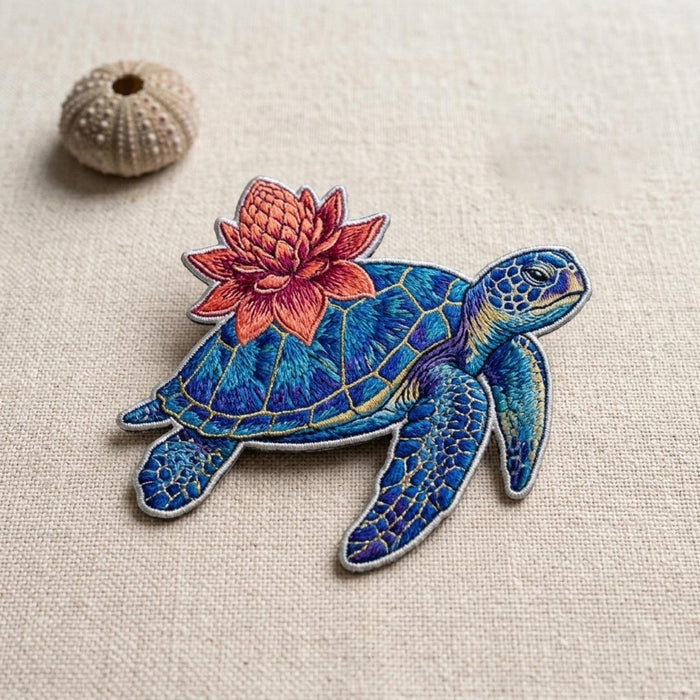 Sea Turtle Lotus Flower Floral Ocean Tropical Iron On Embroidered Patch