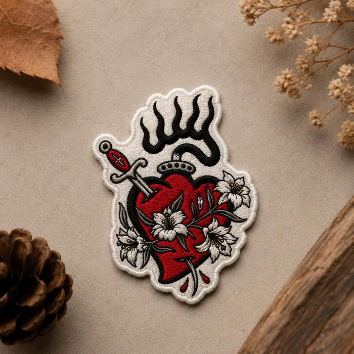 Sacred Heart Dagger Floral Lily Iron On Embroidered Patch