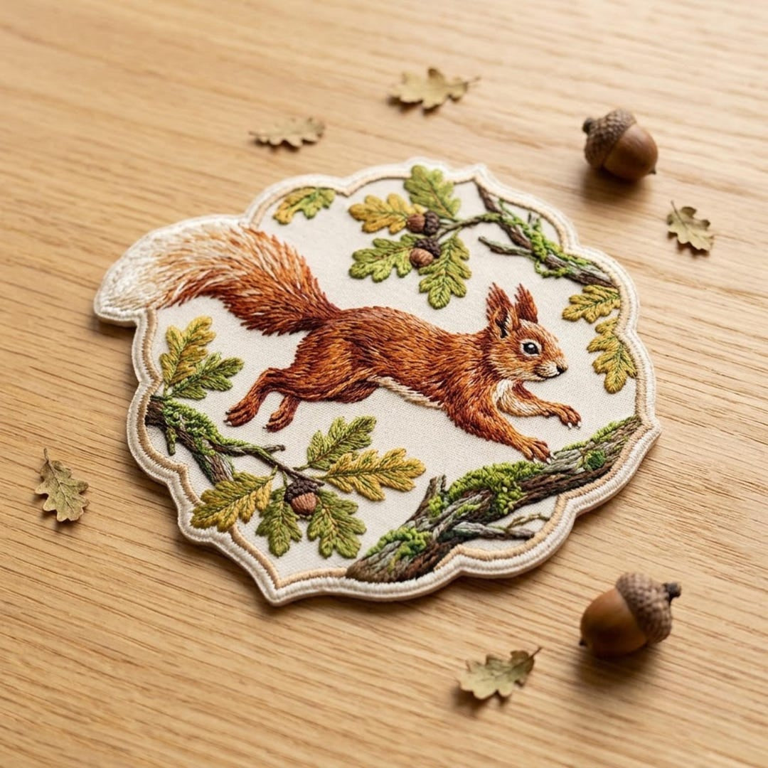 Autumn Red Squirrel Oak Branch Acorn Botanical Nature Iron On Embroidered Patch — Iron-on patch