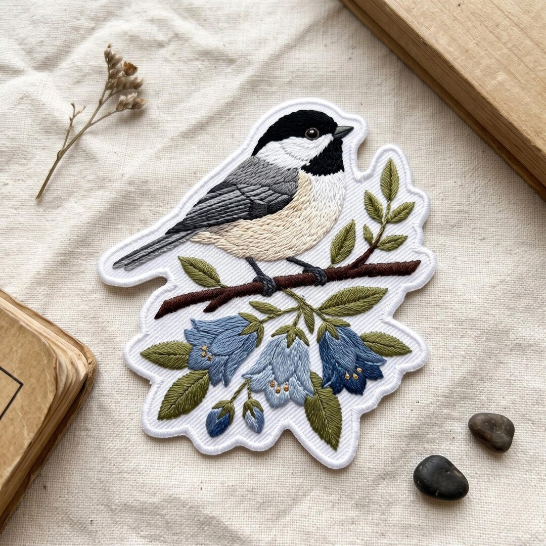 Black-Capped Chickadee Floral Branch Bluebell Wildflower Nature Iron On Embroidered Patch — Iron-on patch