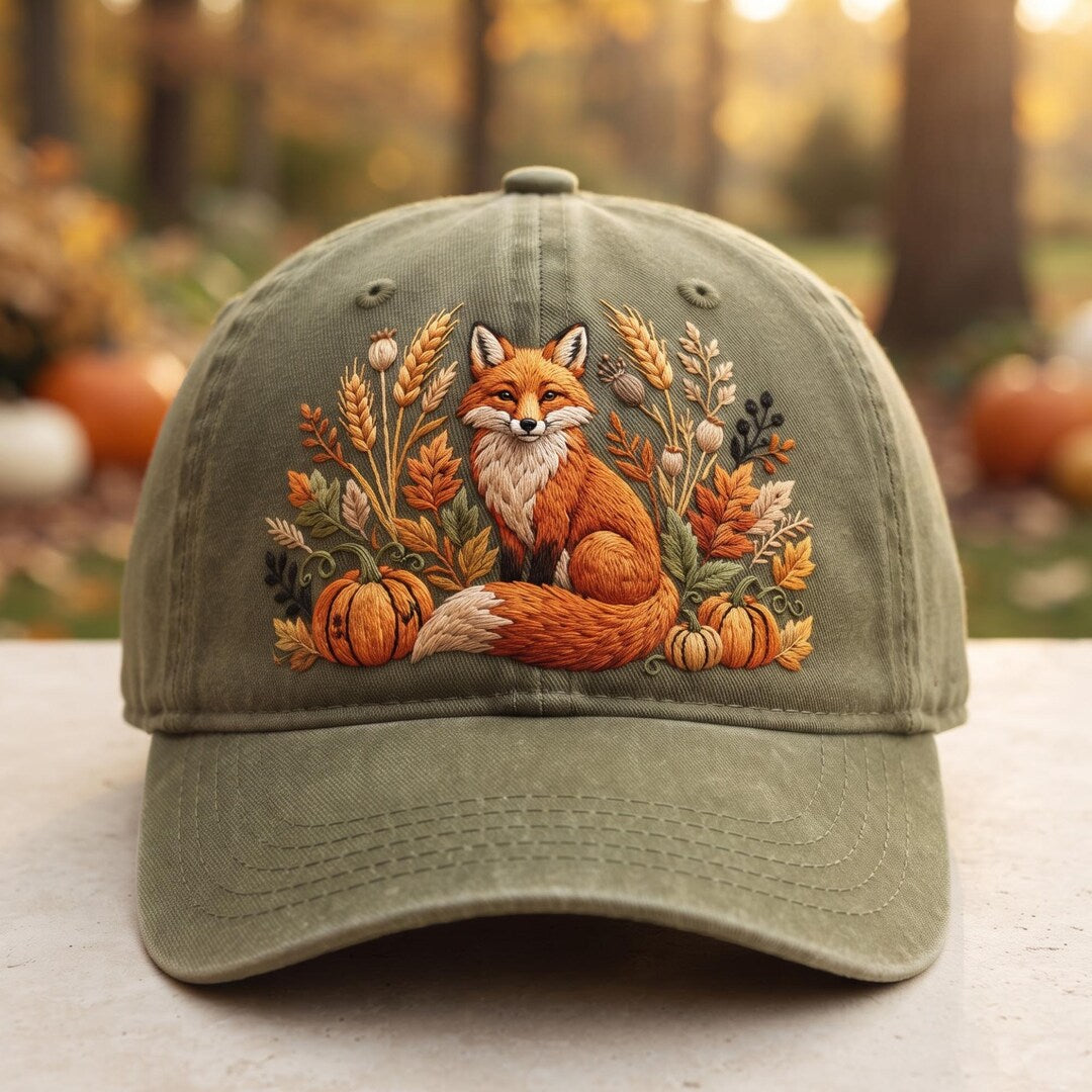 Autumn Fox Pumpkin Wildflowers Botanical Fall Woodland Iron On Embroidered Patch — Iron-on patch