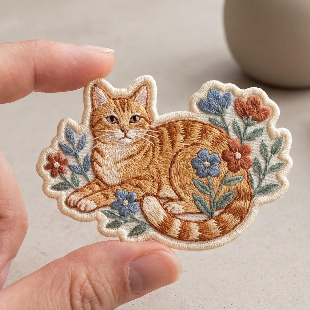 Personalized Orange Tabby Cat Floral Botanical Iron On Embroidered Patch — Iron-on patch