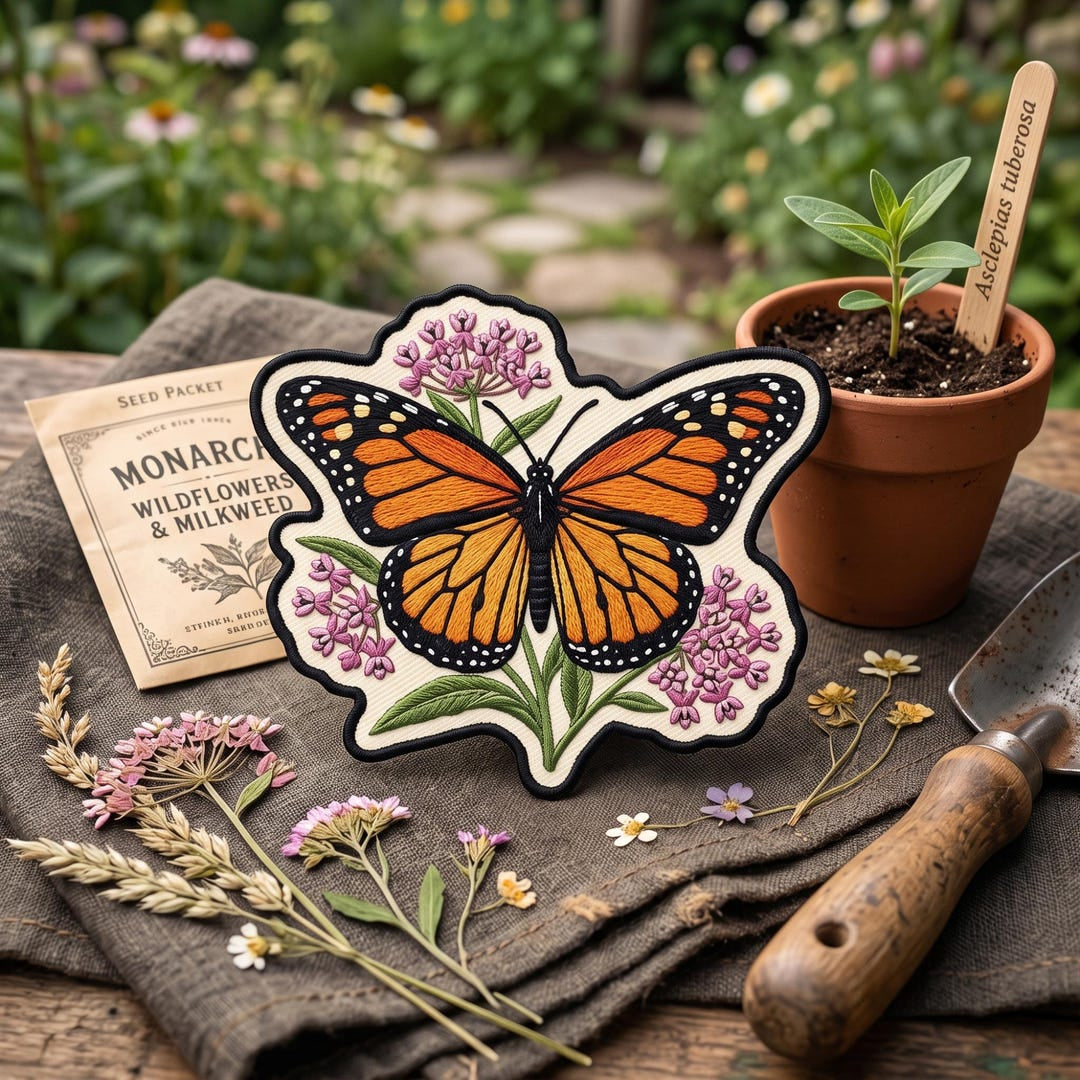 Monarch Butterfly Milkweed Wildflower Iron On Embroidered Patch — Iron-on patch