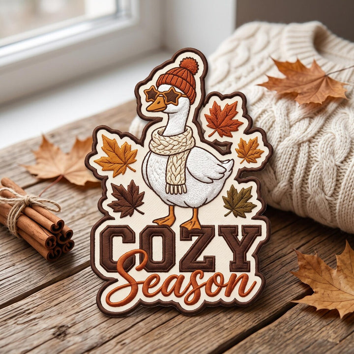 Cozy Season Goose Autumn Leaves Scarf Beanie Sunglasses Iron On Embroidered Patch — Iron-on patch