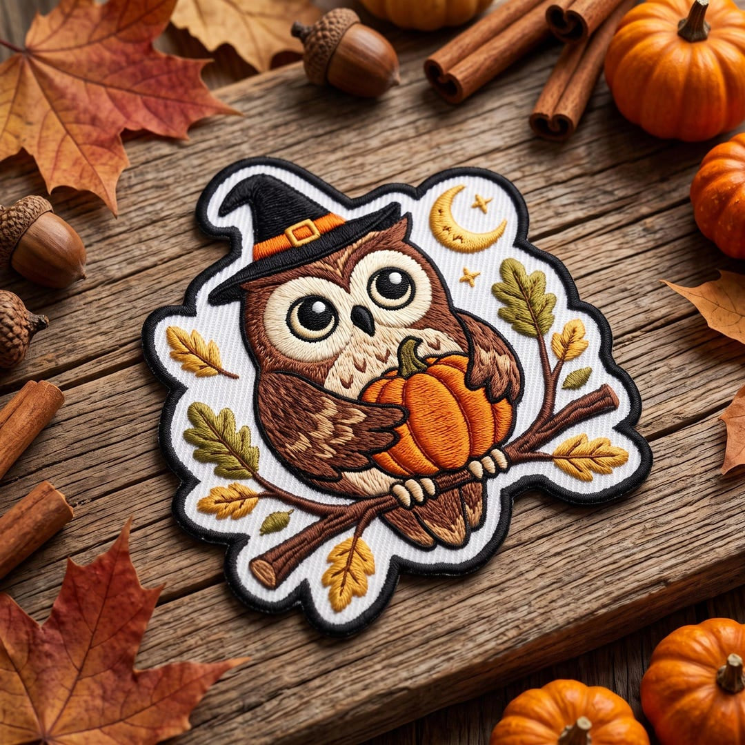 Halloween Witch Owl Pumpkin Autumn Branch Moon Stars Iron On Embroidered Patch — Iron-on patch