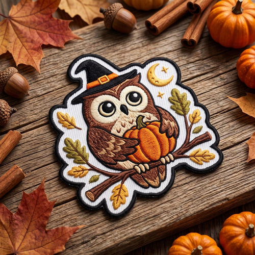 Halloween Witch Owl Pumpkin Autumn Branch Moon Stars Iron On Embroidered Patch — Iron-on patch