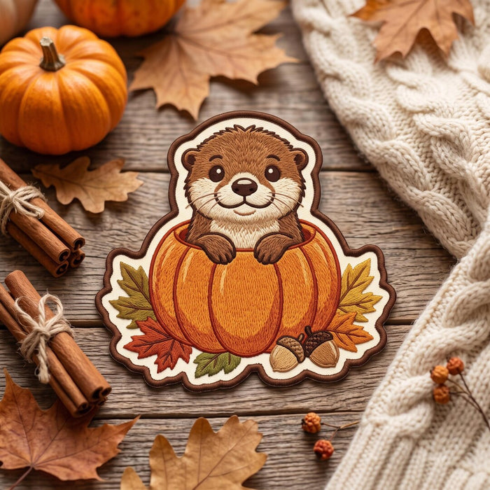 Cute Otter In Pumpkin Fall Autumn Leaves Acorn Iron On Embroidered Patch