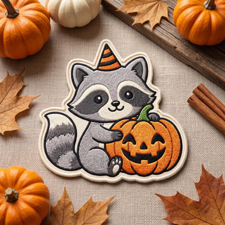 Halloween Raccoon Witch Hat Jack-O-Lantern Pumpkin Iron On Embroidered Patch — Iron-on patch