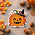 Halloween Jack-O-Lantern Pumpkin Witch Hat Candy Corn Fall Leaves Iron On Embroidered Patch — Iron-on patch