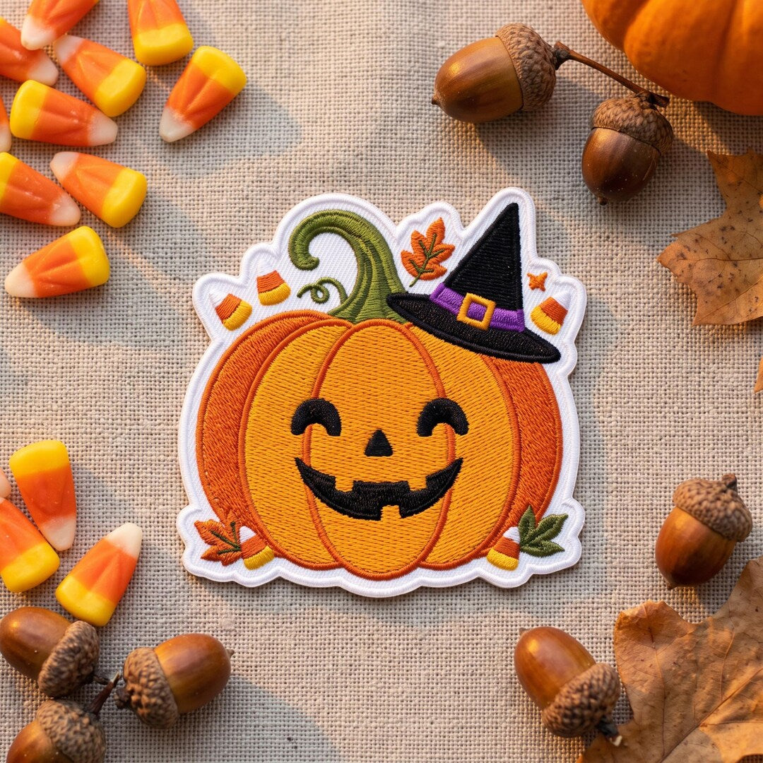 Halloween Jack-O-Lantern Pumpkin Witch Hat Candy Corn Fall Leaves Iron On Embroidered Patch — Iron-on patch