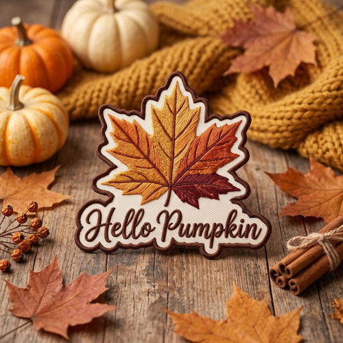 Hello Pumpkin Fall Maple Leaf Autumn Leaves Iron On Embroidered Patch — Iron-on patch
