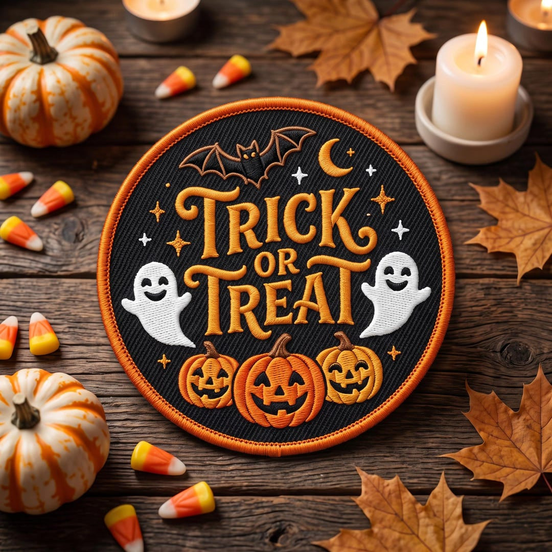 Halloween Trick Or Treat Ghost Pumpkin Jack-O-Lantern Bat Iron On Embroidered Patch — Iron-on patch