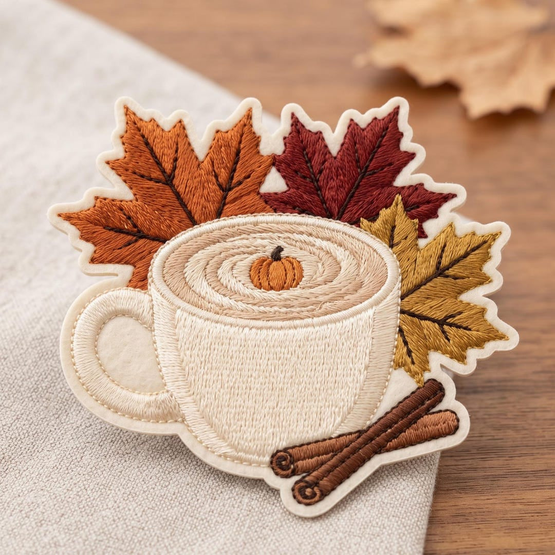 Fall Pumpkin Spice Latte Coffee Cup Autumn Maple Leaves Cinnamon Iron On Embroidered Patch — Iron-on patch