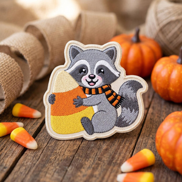 Halloween Raccoon Hugging Candy Corn Scarf Iron On Embroidered Patch — Iron-on patch