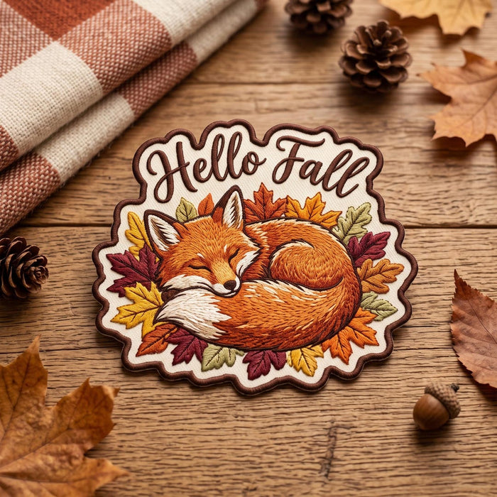 Hello Fall Sleeping Fox Autumn Leaves Woodland Animal Iron On Embroidered Patch