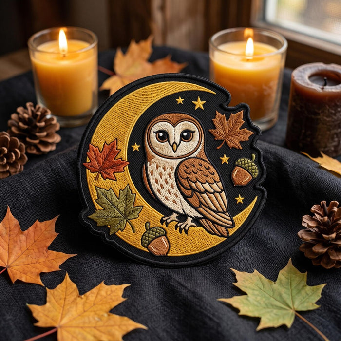 Autumn Barn Owl Crescent Moon Fall Leaves Acorn Stars Iron On Embroidered Patch