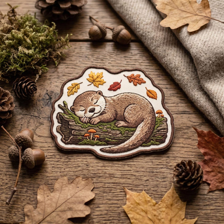Sleeping Otter Autumn Leaves Mushrooms Log Woodland Animal Iron On Embroidered Patch — Iron-on patch