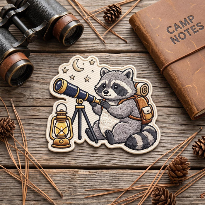Raccoon Stargazing Telescope Camping Lantern Backpack Moon Stars Iron On Embroidered Patch