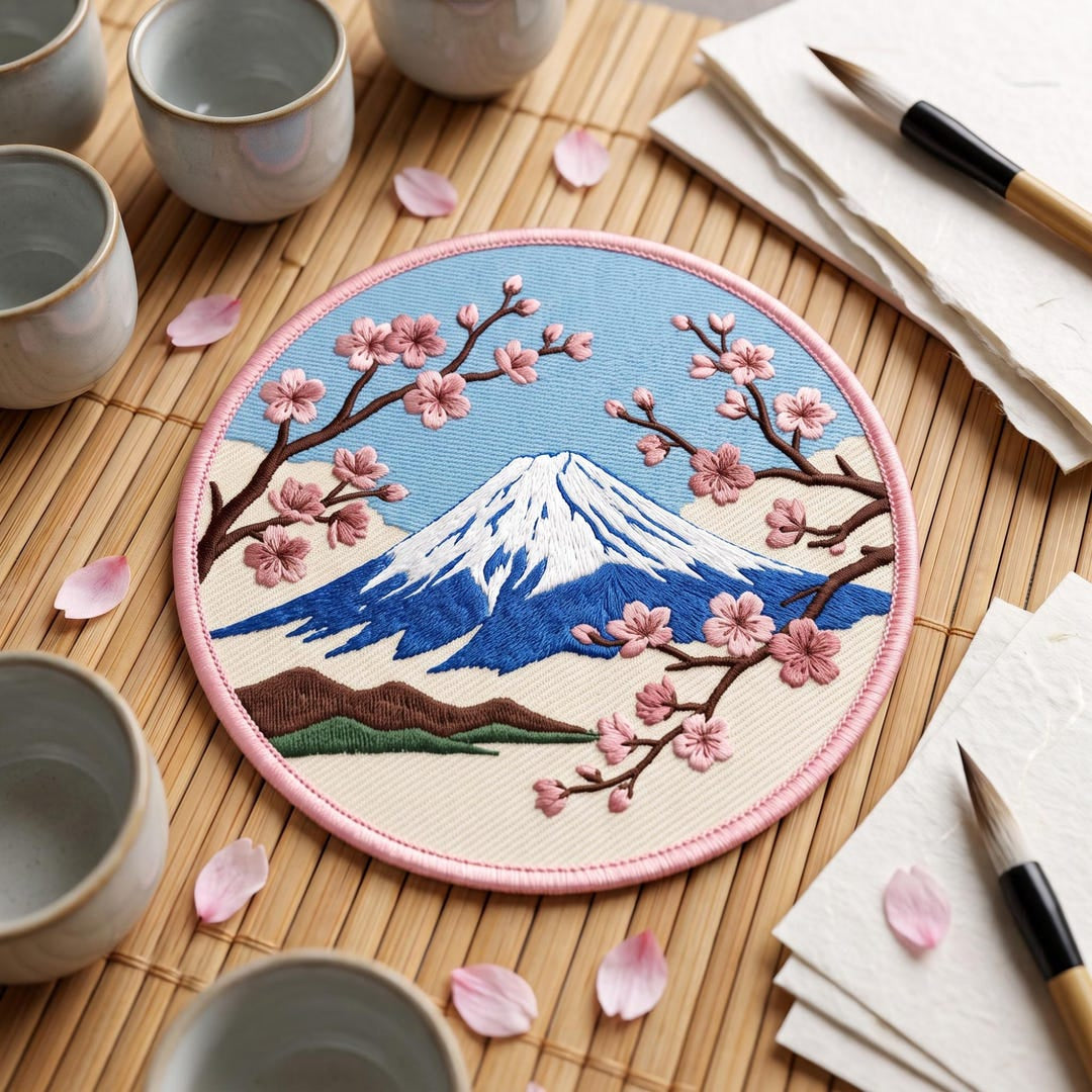 Mount Fuji Cherry Blossom Sakura Japanese Mountain Iron On Embroidered Patch — Iron-on patch