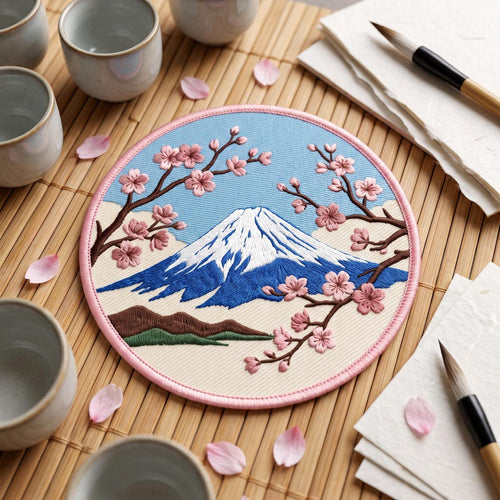 Mount Fuji Cherry Blossom Sakura Japanese Mountain Iron On Embroidered Patch — Iron-on patch
