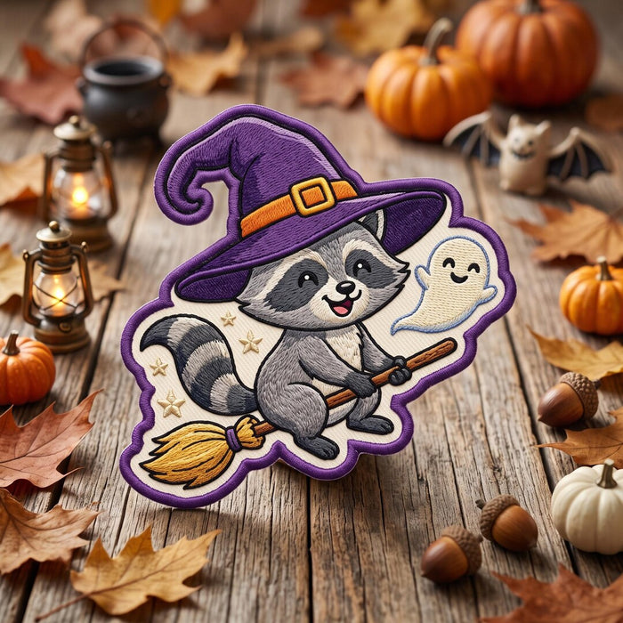 Halloween Raccoon Witch Hat Broomstick Ghost Stars Kawaii Iron On Embroidered Patch