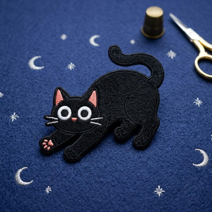 Playful Stretching Black Cat Iron On Embroidered Patch