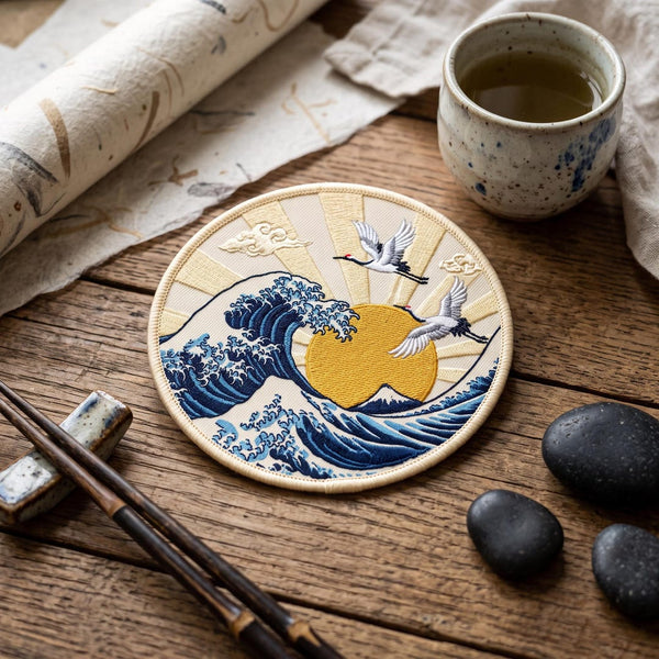 Japanese Great Wave Cranes Flying Sun Clouds Iron On Embroidered Patch — Iron-on patch