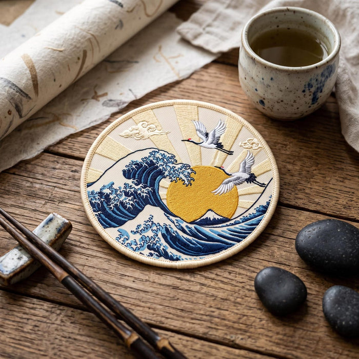 Japanese Great Wave Cranes Flying Sun Clouds Iron On Embroidered Patch