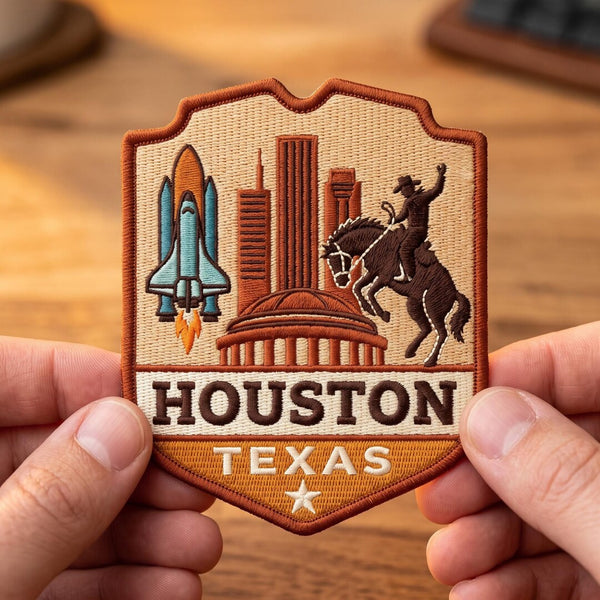 Houston Texas Skyline Space Shuttle Cowboy Rodeo Shield Iron On Embroidered Patch — Iron-on patch