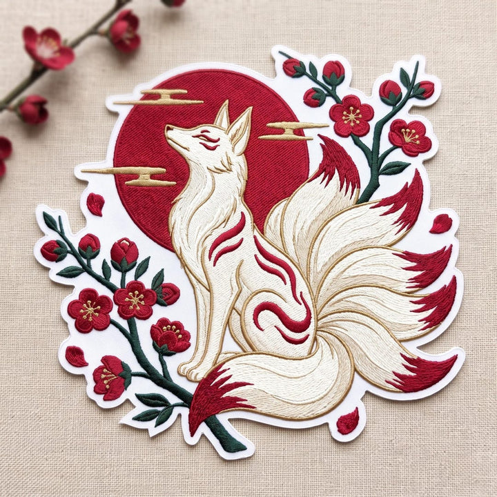 Kitsune Nine Tail Fox Red Sun Cherry Blossom Japanese Iron On Embroidered Patch — Iron-on patch