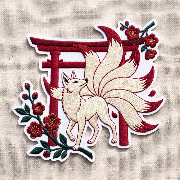 Kitsune Nine Tailed Fox Torii Gate Plum Blossom Japanese Folklore Iron On Embroidered Patch — Iron-on patch