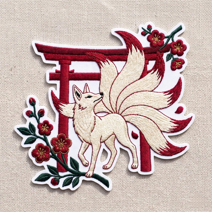 Kitsune Nine Tailed Fox Torii Gate Plum Blossom Japanese Folklore Iron On Embroidered Patch