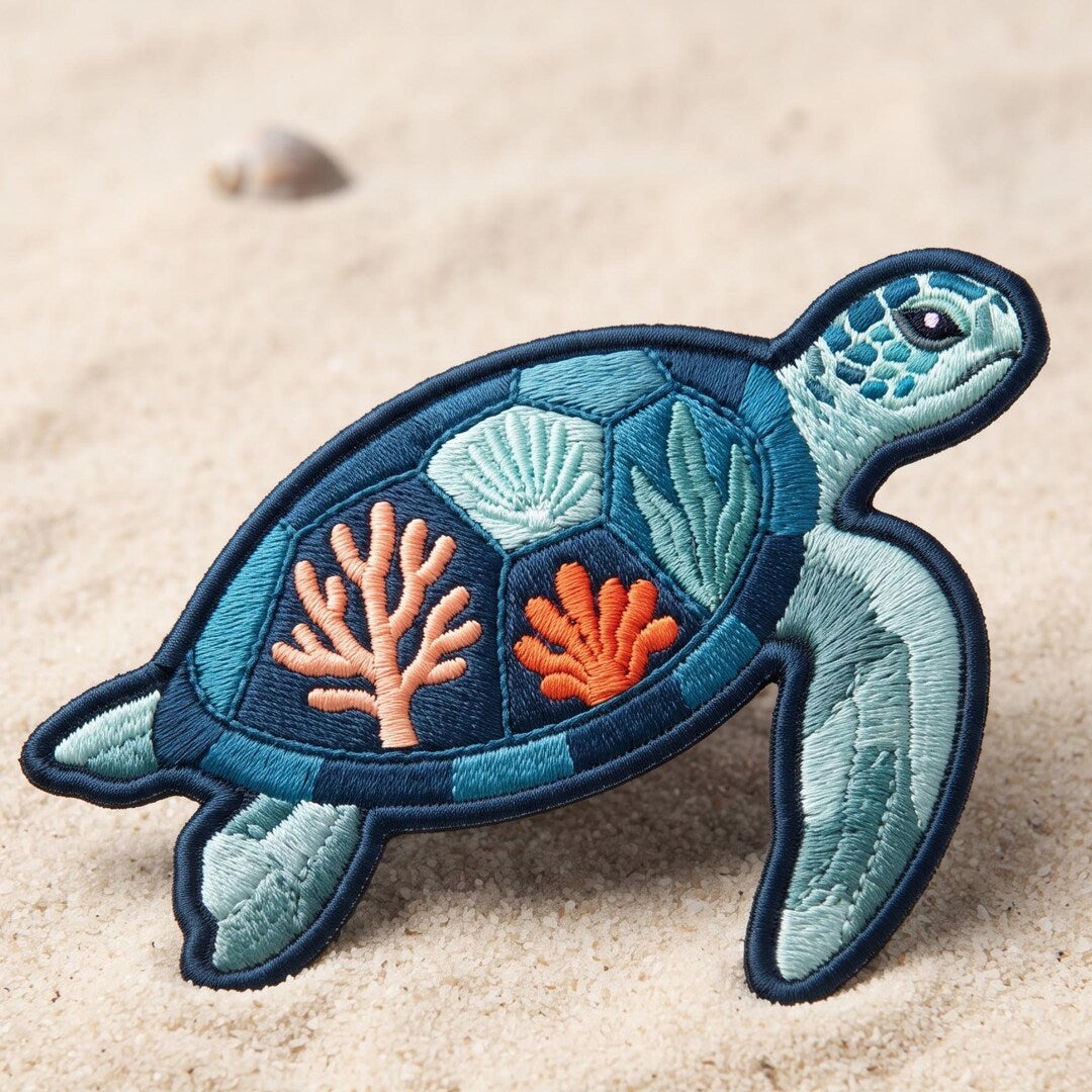 Sea Turtle Coral Reef Shell Ocean Coastal Iron On Embroidered Patch — Iron-on patch