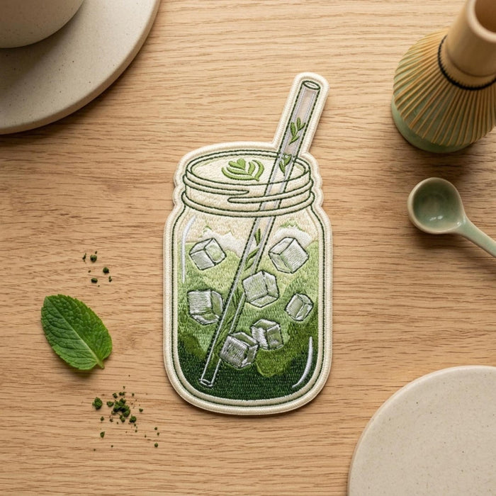 Iced Matcha Latte Mason Jar Glass Straw Ice Cubes Iron On Embroidered Patch