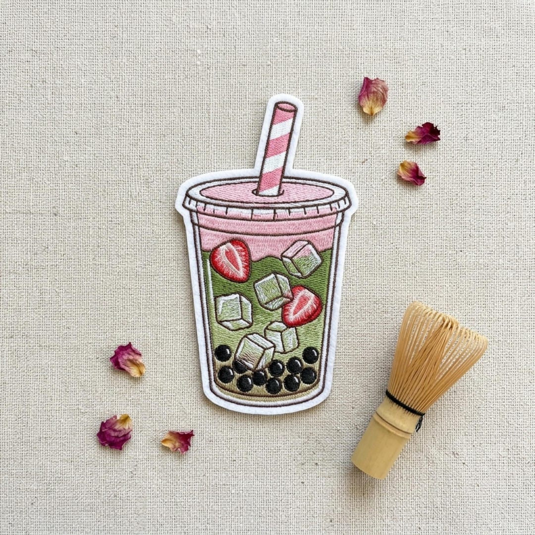 Strawberry Matcha Boba Tea Bubble Tea Cup Iron On Embroidered Patch — Iron-on patch
