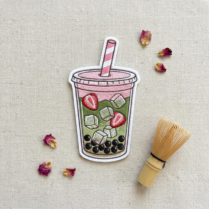 Strawberry Matcha Boba Tea Bubble Tea Cup Iron On Embroidered Patch