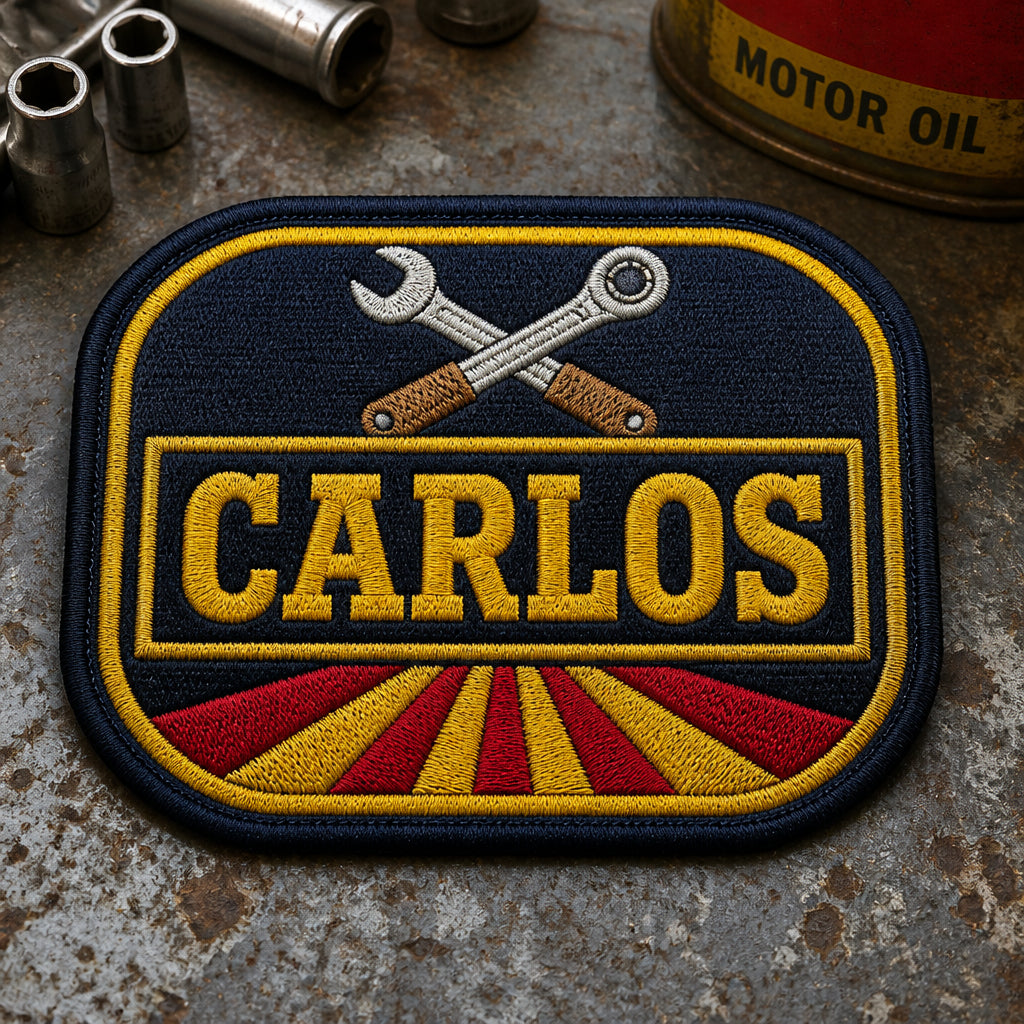 Personalized Retro Garage Mechanic Name Tag Iron-On Iron On Embroidered Patch — Iron-on patch