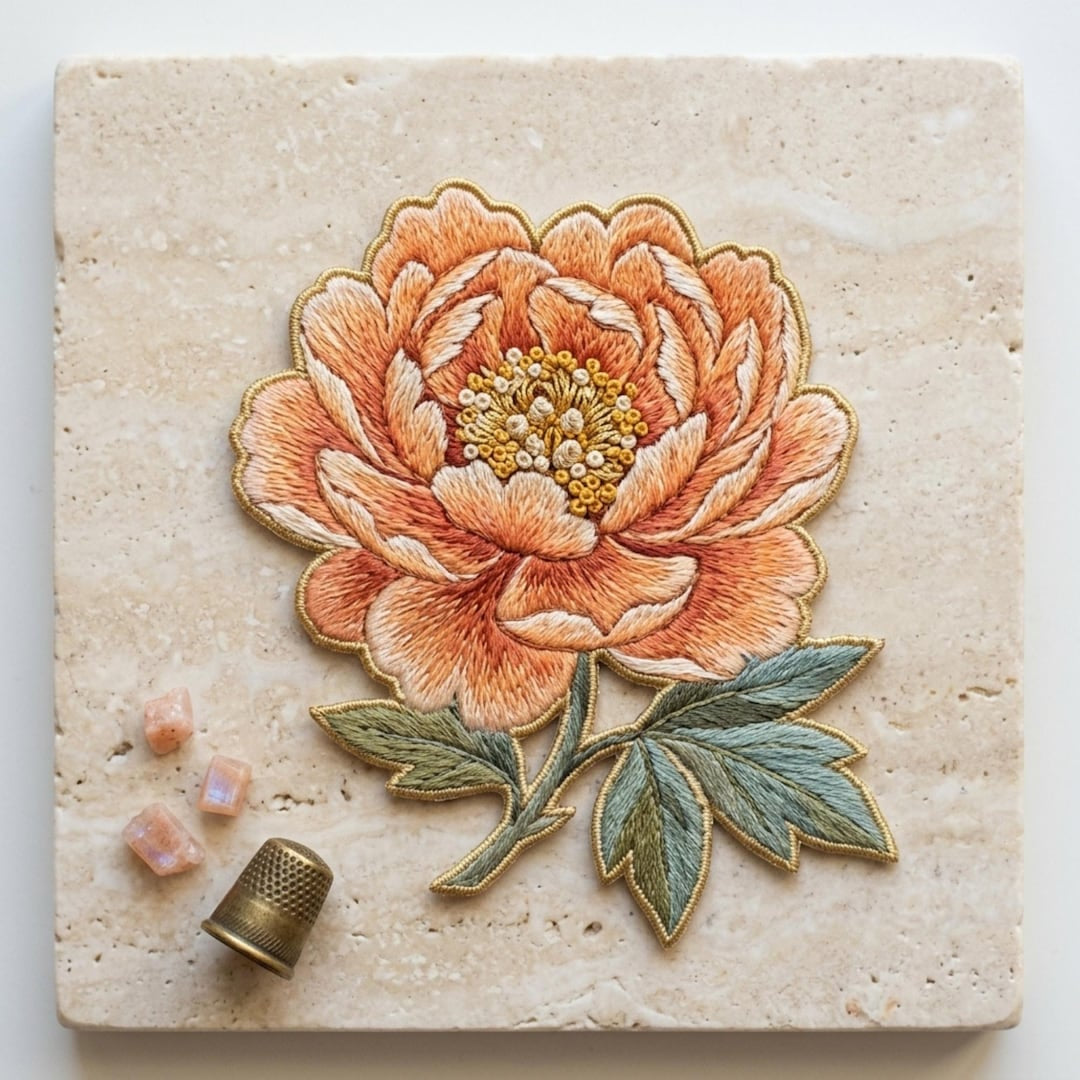 Peony Flower Botanical Floral Nature Iron On Embroidered Patch — Iron-on patch