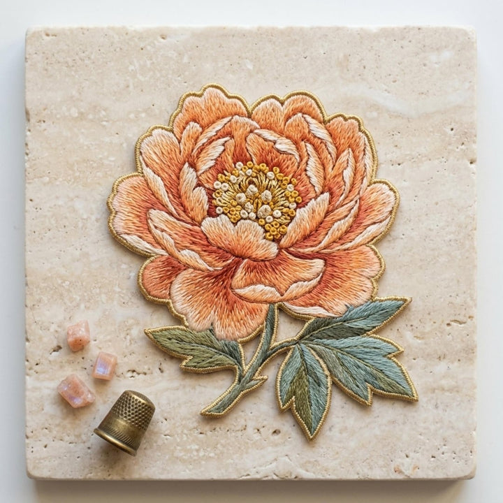 Peony Flower Botanical Floral Nature Iron On Embroidered Patch — Iron-on patch