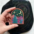 Mountain Forest Night Sky Moon Stars Pine Trees Iron On Embroidered Patch — Iron-on patch