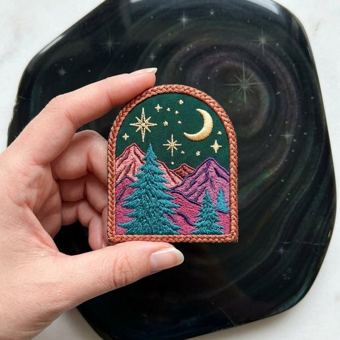 Mountain Forest Night Sky Moon Stars Pine Trees Iron On Embroidered Patch