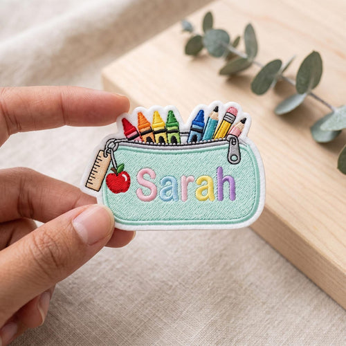 Personalized Pencil Pouch Crayons Colored Pencils Apple Ruler Custom Name Iron On Embroidered Patch — Iron-on patch