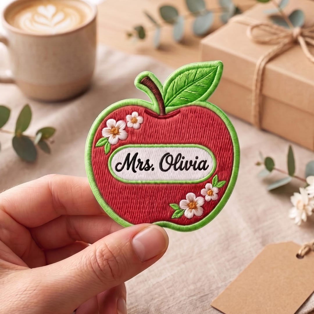 Personalized Teacher Red Apple Floral Name Badge Iron On Embroidered Patch — Iron-on patch