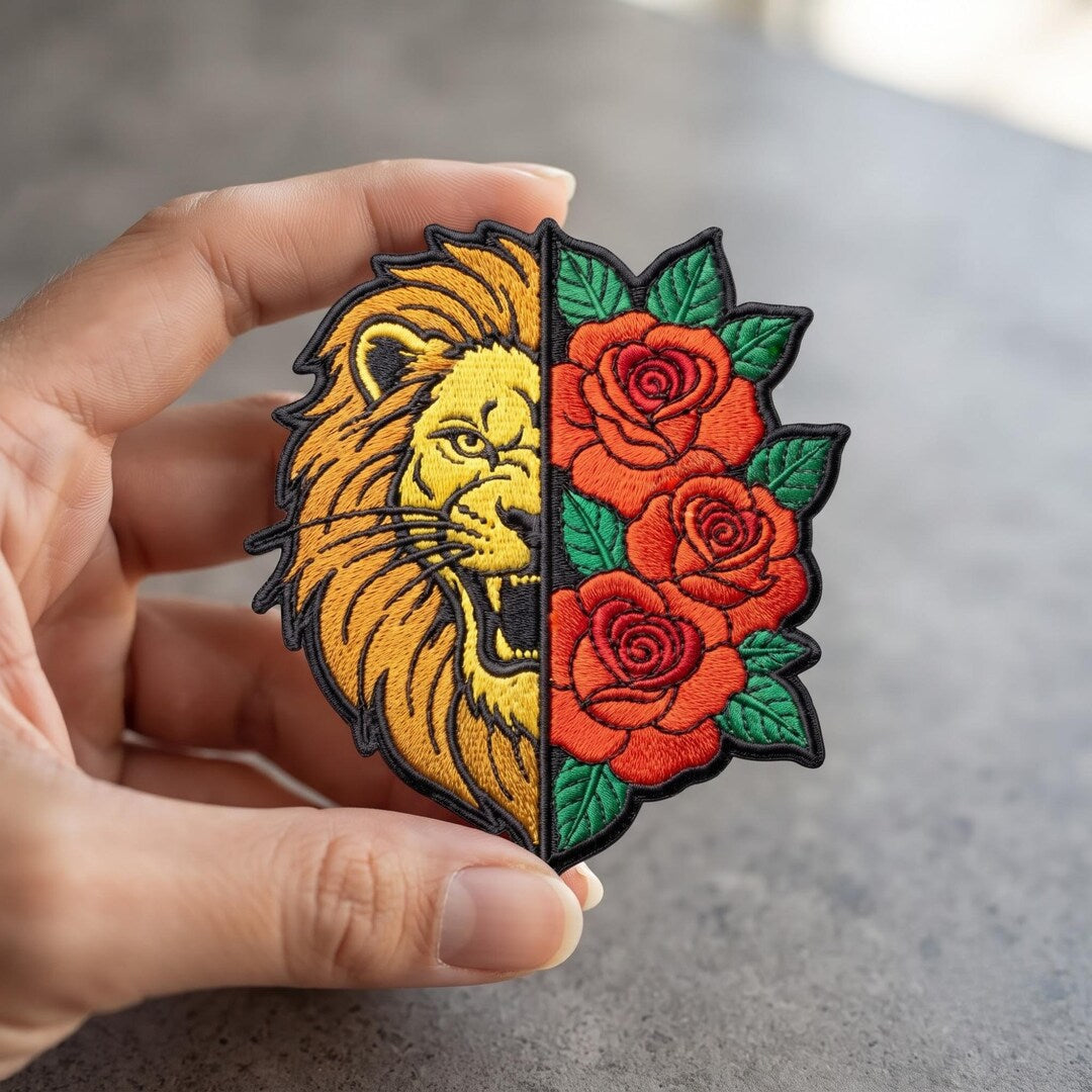 Lion and Roses Split Design Tattoo Style Iron On Embroidered Patch — Iron-on patch