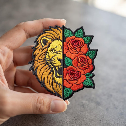 Lion and Roses Split Design Tattoo Style Iron On Embroidered Patch — Iron-on patch