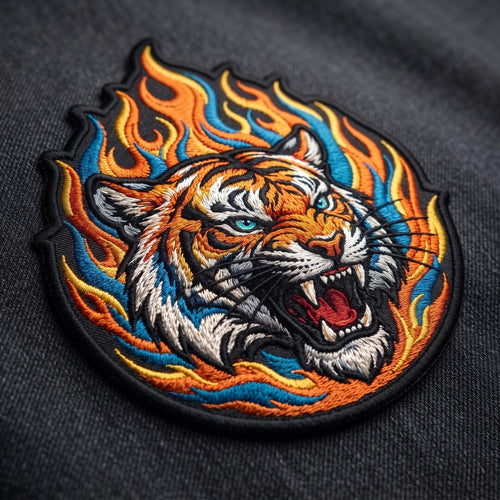 Fierce Roaring Tiger Head Fire Flames Wild Cat Iron On Embroidered Patch — Iron-on patch